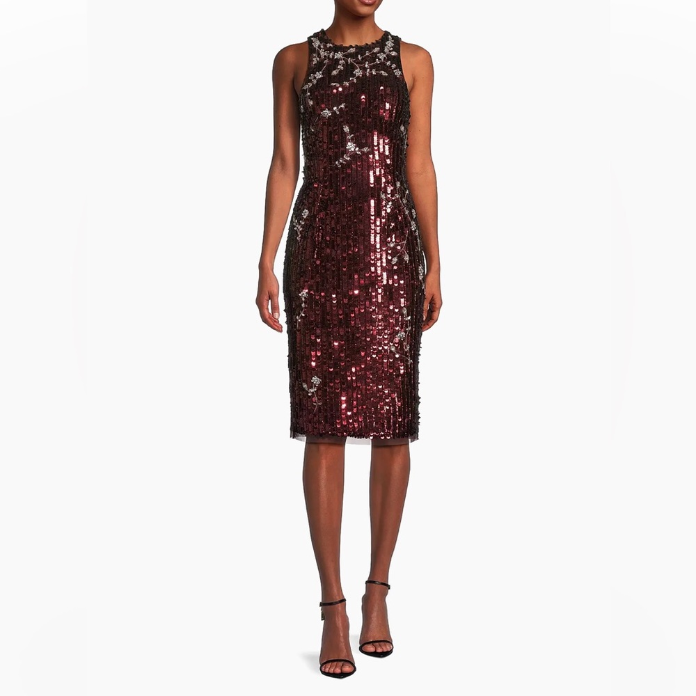 NWT! Aidan Mattox Floral Sequined Rhinestone Midi-Dress Crimson Red - Size 2